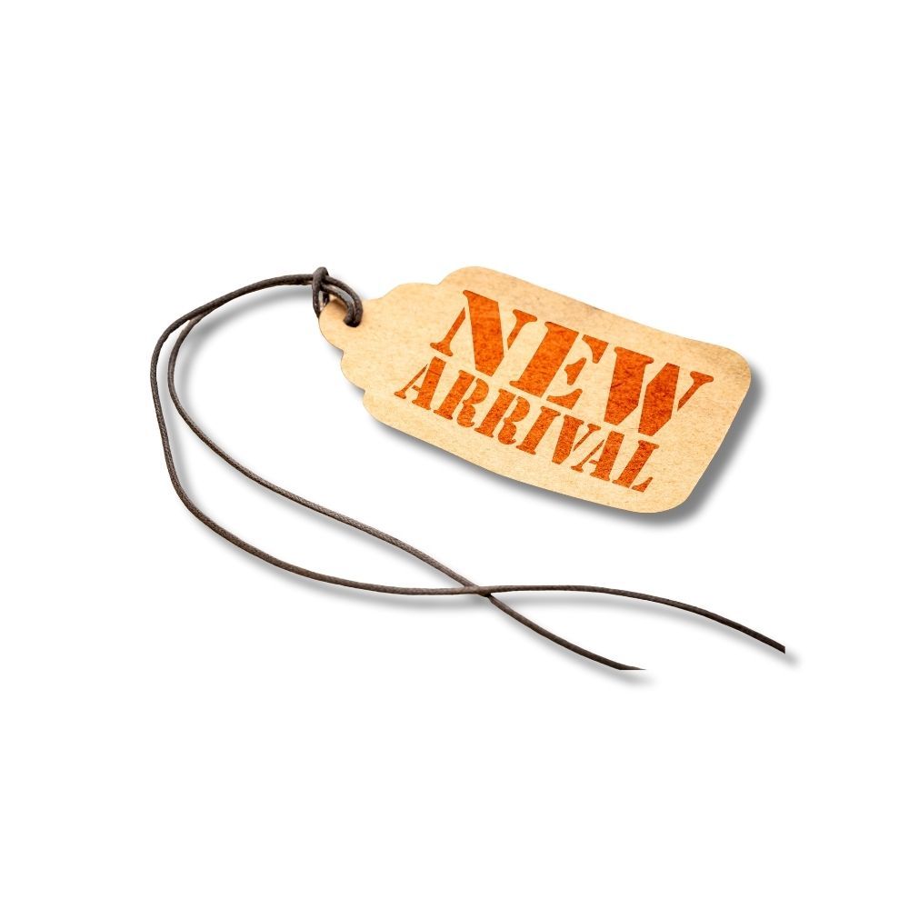 Brown tag with text "new arrival"