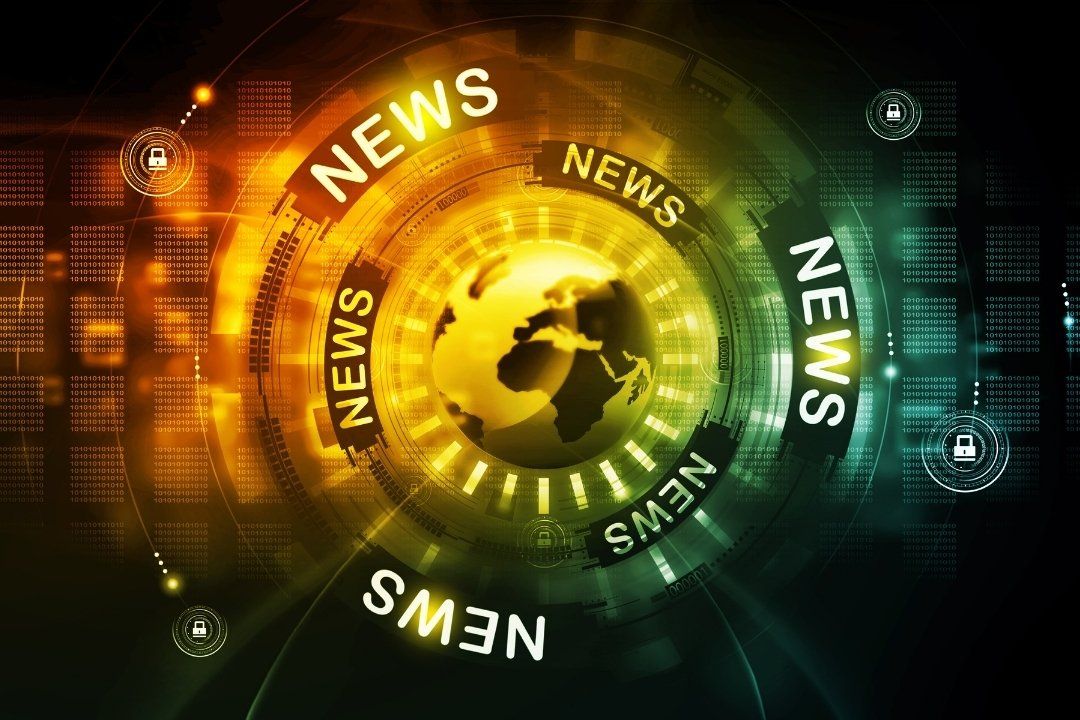 The word news appearing multiple times on orange, yellow, black and aqua background