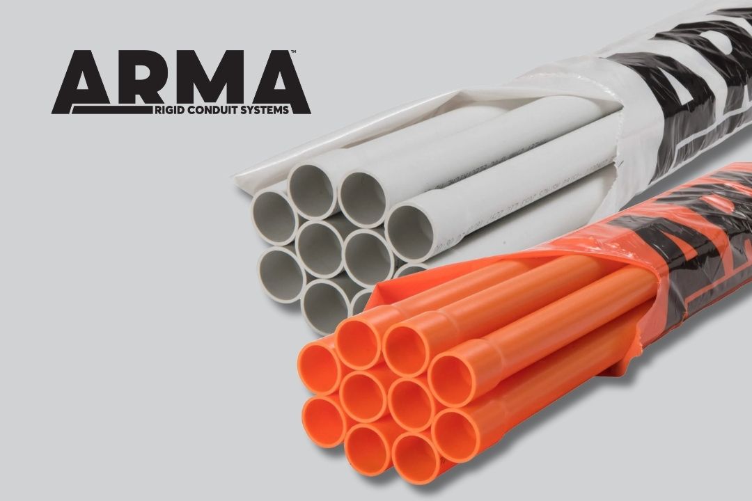 Rigid conduit systems in grey and orange a grey background with ARMA logo