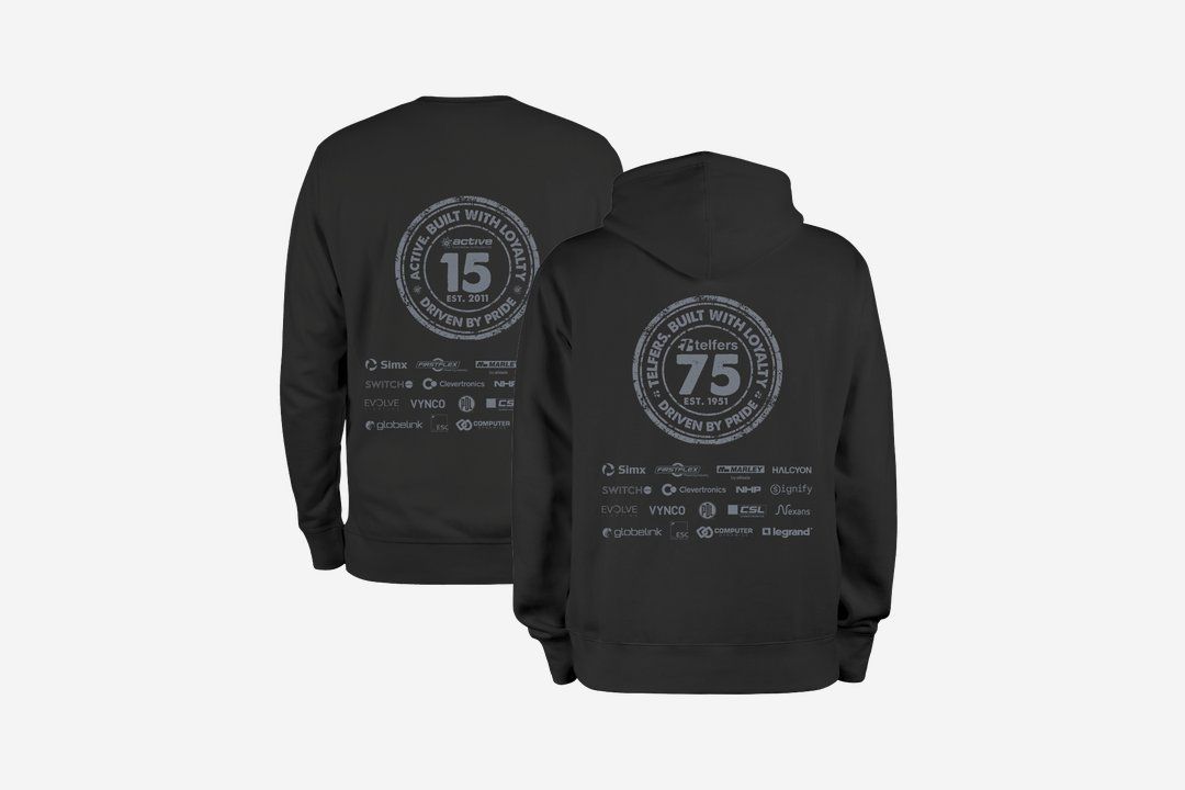 Black Telfers 75 years hoodie and Active 15 years sweatshirt with supplier logos on the back