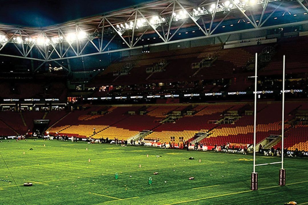 Rugby stadium in Brisbane lit up at night